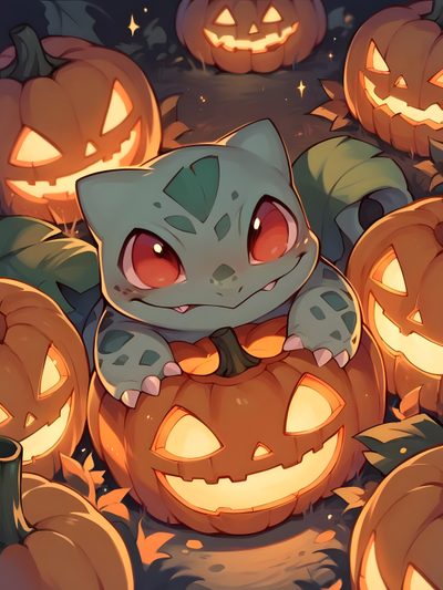 a cartoon cat sitting on top of pumpkins Halloween Bulbasaur Funny Iphone, Pokemon Halloween, Pokemon Mew, Pokemon Craft, Pokemon Bulbasaur, sienna