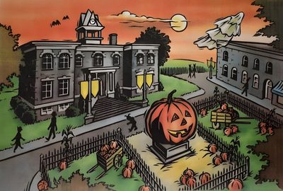 an image of a halloween scene with pumpkins Halloweentown Pumpkin Halloweentown Storybook, Halloweentown Gort House, Vintage Halloween Art Laptop, dark olive green