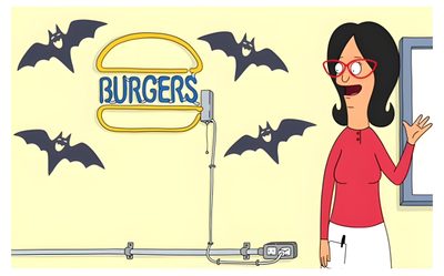 a woman standing in front of a burgers sign with bats on the wall behind her Bobs Burger Halloween Bobs Burgers Jack O Lantern, Bobs Burgers Pumpkin, Bobs Burgers Halloween, lemon chiffon