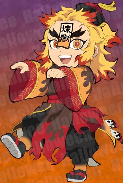 an anime character with red and yellow hair Rengoku Halloween Demon Slayer Halloween Art, Anime Rengoku Chibi, Rengoku Chibi, Halloween Rengoku, sienna