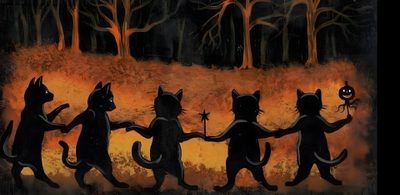 a painting of cats holding hands in the middle of a field with trees and pumpkins Halloween Medium Widget Discord Banner Halloween, Black Cat 4k, Black Cat Hd, dark slate gray