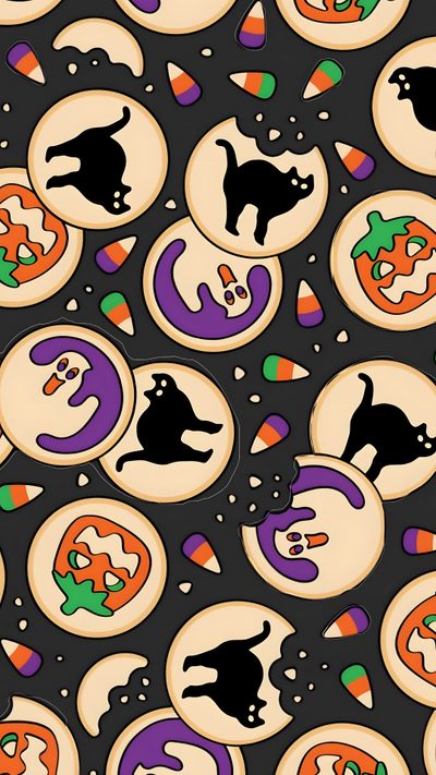 an image of halloween cookies with cats and pumpkins on the top seamless background Halloween Cookie Halloween Iphone Backgrounds, Halloween Backgrounds, Halloween Cute, Witchy, dark olive green