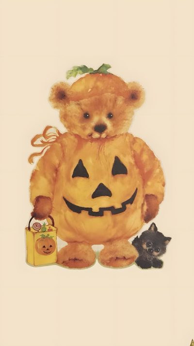 a teddy bear dressed as a pumpkin with a black cat Teddy Bear Halloween Fall Phone Screen, Fall Wigitsmith Ideas, Iphone Cottagecore, Nostalgic Fall, bisque