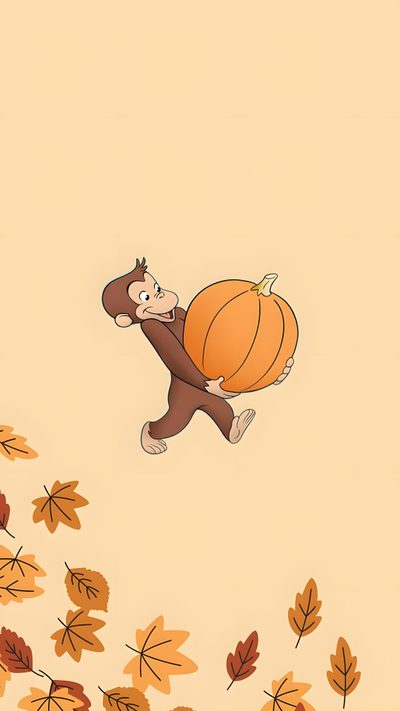 a monkey holding a basketball in the air with autumn leaves around him and an orange background Curious George Halloween Halloween Iphone Backgrounds, Monkey, Halloween Cute, Cute Dogs Images, wheat