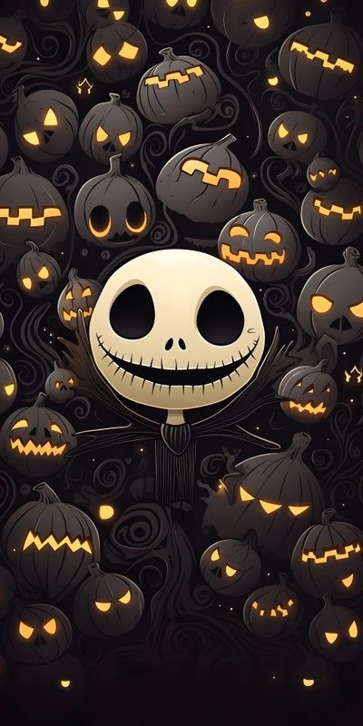 a bunch of pumpkins with jack skellingy faces on them in the dark Cute Halloween Jack Skellington Nightmare Before Christmas, Disney Halloween, Halloween, Phone Pastel, black