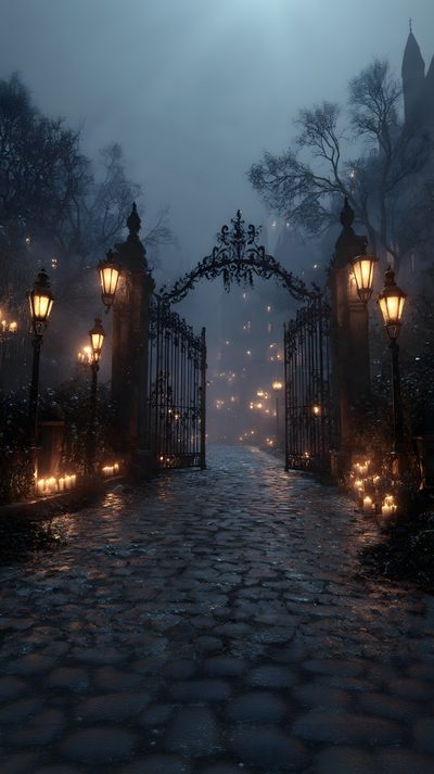an open gate leading into a dark, foggy park with lanterns on either side Halloween Town Gate Haunted Castle Aesthetic, Haunted Scenery, Spooky Manor Aesthetic, dark slate gray