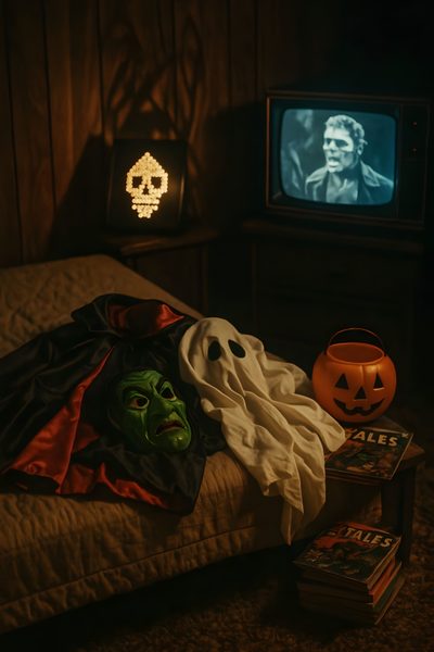 a bed with halloween decorations on it in front of a tv and two pumpkins 80s Halloween Aesthetic Vintage Halloween Aesthetic, 80s Halloween Aesthetic, Spooky Halloween Aesthetic, black