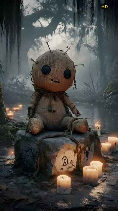 a stuffed animal sitting on top of a rock surrounded by candles in the dark forest Halloween Voodoo Doll Background Design, Creepy Gif, Pagan Gods, Cross, Scary Dolls, dark slate gray