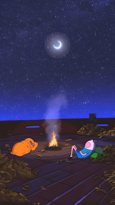 two cartoon characters sitting in front of a campfire under a night sky filled with stars Halloween Adventure Time Adventure Time Moving, Lofi Animated Background, Night Time Cartoons, dark slate gray