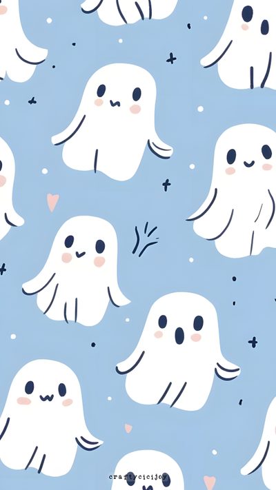 a blue background with white ghost faces and hearts Cute Light Blue Halloween Ghost Pattern, Blue Halloween, Little Ghost Background,