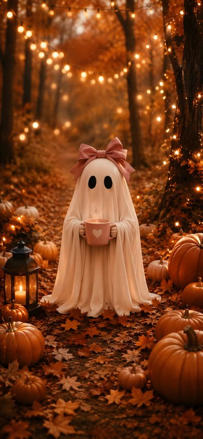 a white ghost with a pink bow holding a coffee cup in its mouth surrounded by pumpkins Halloween Iphone 16 Pro Max Cute Halloween For Phone, Pumpkin, Minimalist Halloween, saddle brown