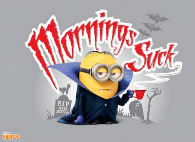 a minion dressed as a wizard holding a cup with the words morning sick on it Minion Halloween Desktop Vampire Minion Drawing, Minions Halloween, Disturbed Minion, Fall Minion, dark gray