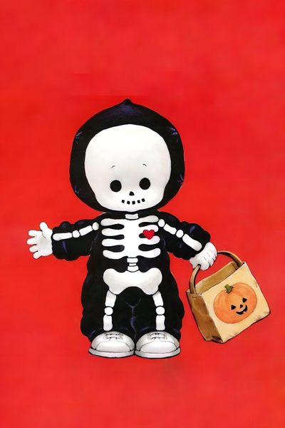a painting of a skeleton holding a bag with a pumpkin in it's hand Kewpie Halloween Cute Halloween Skeleton, Cute Skeleton Halloween Background, Kewpie Halloween, crimson