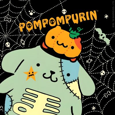an illustration of a stuffed animal with the words mompurin on it Pom Pom Purin Halloween Pompompurin Halloween Background, Pompompurin Halloween, Pompompurin Fall, black