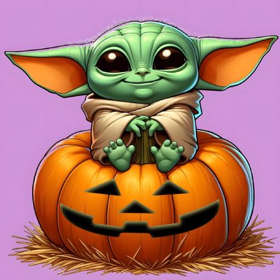 a baby yoda sitting on top of a pumpkin Baby Yoda Halloween Cute Monsters Drawings, Yoda, Halloween Hocus Pocus, Halloween Cute, dark salmon