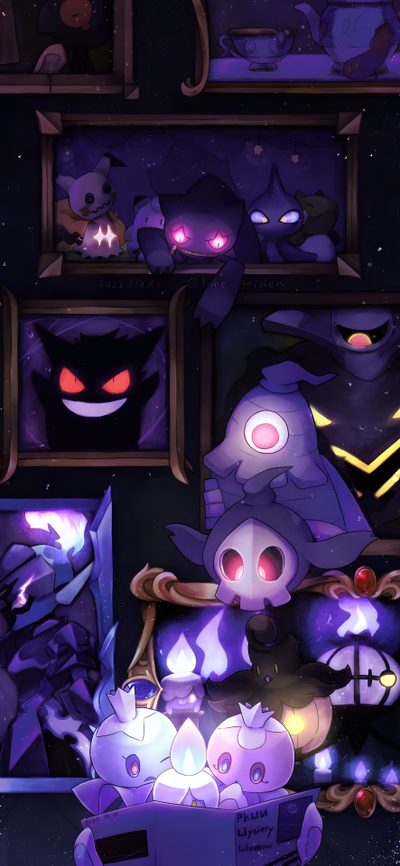 an image of some cartoon characters in the dark Ghost Pokemon Halloween Chandelure 4k, Pokemon Banette, Chandelure Dark Background, Litwick, midnight blue