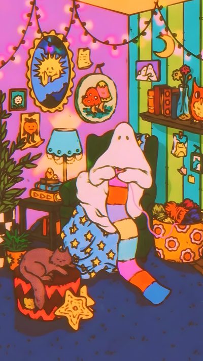an animated image of a person sitting in a room with christmas decorations on the walls Hippie Halloween Mlg, Bel Art, Surreale Kunst, Hieronymus Bosch, Cool Stuff, Arte Dell'illustrazione, dim gray