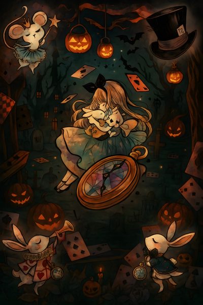 an illustration of a woman holding a baby in her arms surrounded by pumpkins and jack - o'- lanterns Halloween Alice Custom Fairy Tale Halloween, Halloween Wonderland, Fairytale Halloween, black