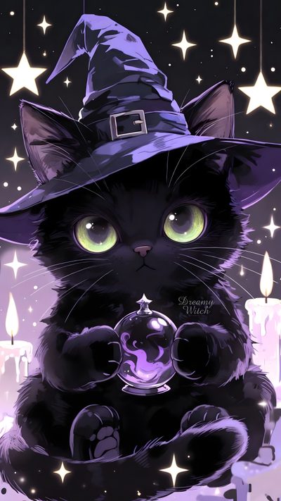 a black cat wearing a witches hat and holding a crystal ball in its paws with stars on the background Kawaii Halloween Halloween Kawaii Cute Black Cat Cute Witchy, Black Cat Aesthetic, Pretty Artwork, dark slate gray