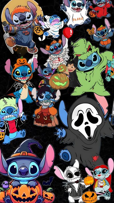 a bunch of different cartoon characters on a black background Stitch Halloween Ghostface Toothless, Cool House Designs, Lilo And Stitch Characters, Holiday, dark slate gray
