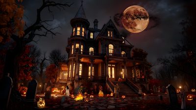 a creepy house with pumpkins and candles in front of it at night under a full moon Halloween Mansion Moonlit Sky, Nature Sounds, Halloween, Colorful Leaves, Pc, Autumn Cozy, black