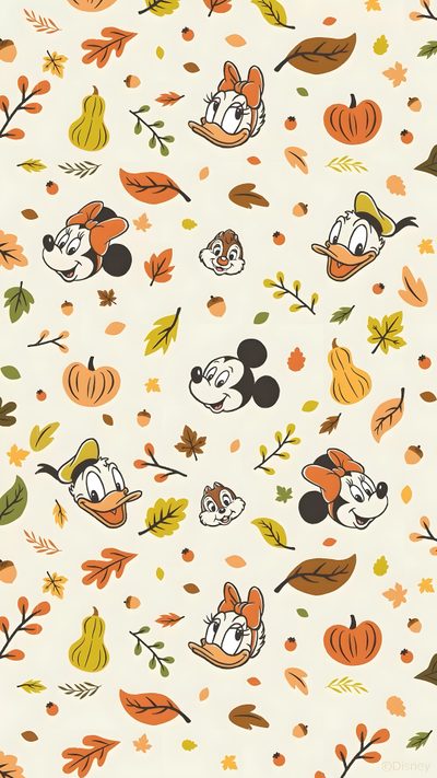 an image of mickey mouse and friends in leaves on a white background with oranges, yellows, and browns Iphone Disneyland Halloween November Disney, Thanksgiving Disney, Disney Fall Iphone, beige