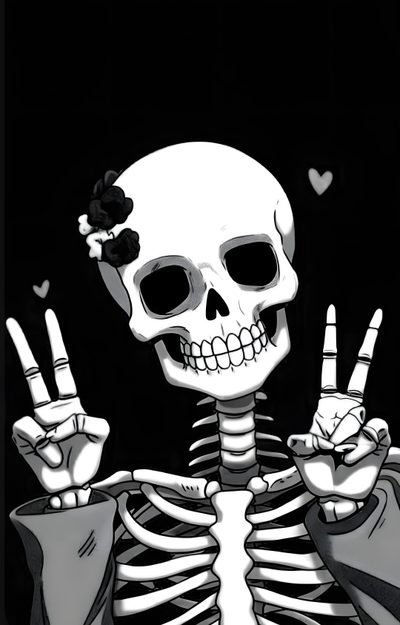 a skeleton holding two fingers up in the air with hearts on it's forehead Cute Aesthetic Halloween Skeleton Skeleton Background, Skeleton Drawing With Background, Cute Skeleton Aesthetic, black