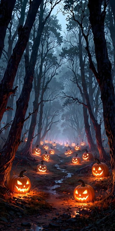 there are many pumpkins lit up in the woods Ios 26 Depth Effect Halloween Halloween Forest, Headless Horseman Iphone, Spooky Landscape, dark slate gray