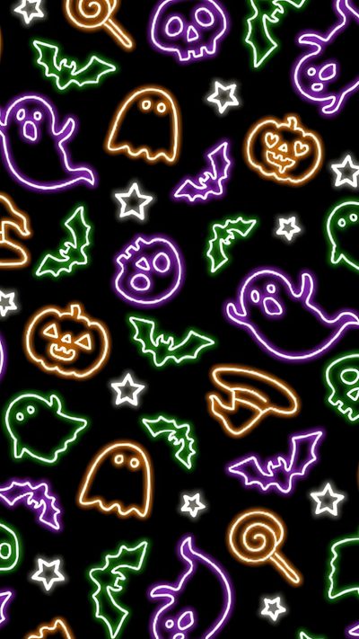 halloween seamless background with neon lights and ghost faces Neon Halloween Pattern Background Halloween Aesthetic, Iphone Halloween, Halloween Backgrounds Aesthetic, black