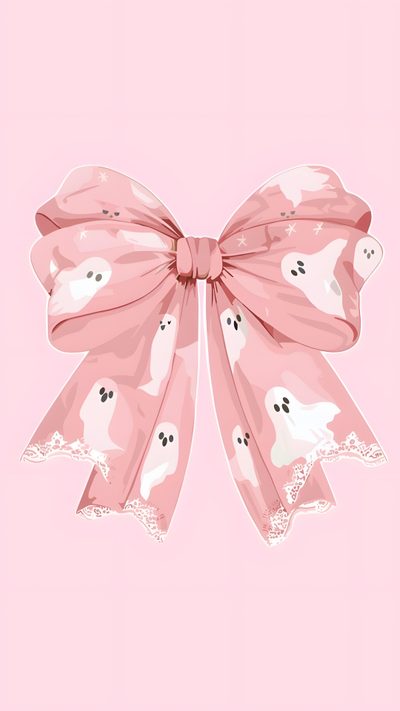 a pink bow with ghost faces on it Preppy Bow Halloween Halloween Coquette, Coquette Halloween, Pink Halloween Aesthetic, misty rose