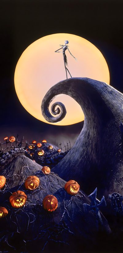 a painting of jack skellingy on top of a hill with pumpkins around it Halloween Jack Halloween The Nightmare Before Christmas Iphone, Nbc Background, Halloween Aesthetic Nightmare Before Christmas, black