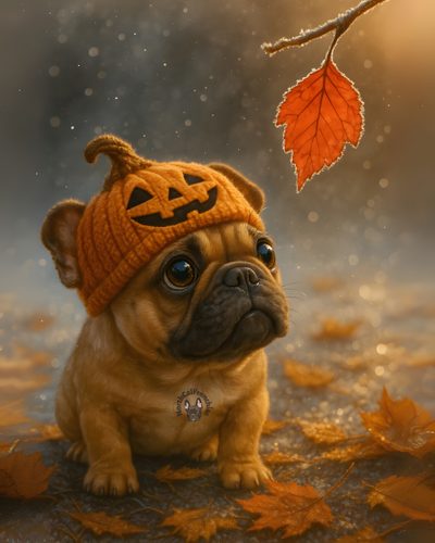 a small dog wearing a knitted pumpkin hat sitting on the ground next to an orange leaf Halloween French Bulldog Halloween Dogs, Dog Photoshoot Pet Photography, Cute Little Dogs, dark olive green