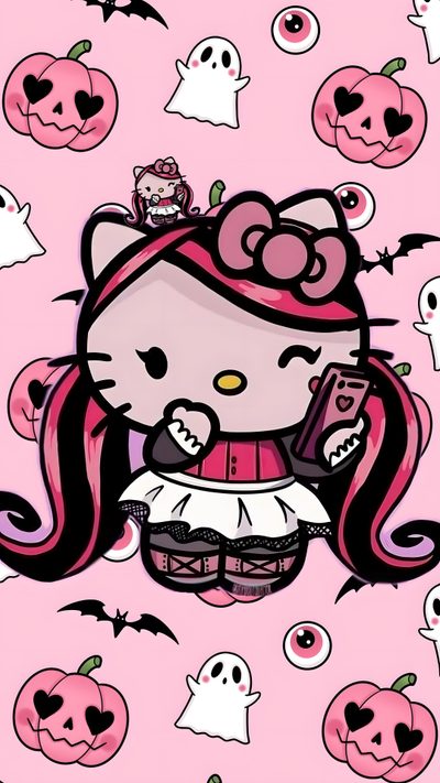 hello kitty halloween wallpaper with pumpkins and ghost's in the sky behind her Pink Hello Kitty Halloween Pink Hello Kitty Halloween Background, Pink Hello Kitty Halloween, Hello Kitty Spooky Background,