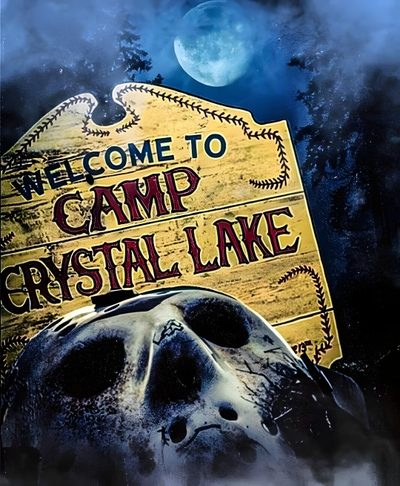 a sign that says welcome to camp crystal lake with a skull in the foreground Camp Crystal Lake Halloween Camp Crystal Lake, Crystal Lake, Camp Crystal Lake Drawing, dark slate gray
