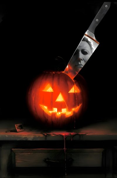 a knife sticking out of a pumpkin with the face of a child carved into it Halloween Resurrection Michael Myers Pumpkin, Myers Pumpkin, Mike Myers Halloween, black