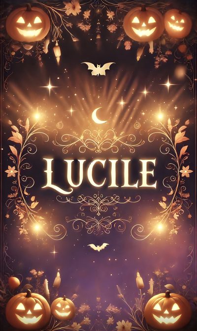 a poster with pumpkins and bats on it that says lucile in the center Halloween-themed Name Haloween Names, Name For Halloween, Halloween Name Ideas, dark olive green