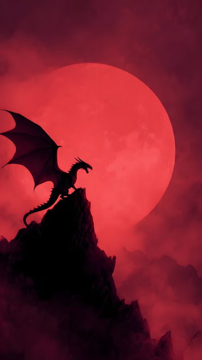 a dragon sitting on top of a mountain in front of a red sky with the moon behind it Dragon Halloween Red Dragon, Red And Black Dragon, Dragon Iphone Aesthetic, Cat Memes, Dark Red, brown