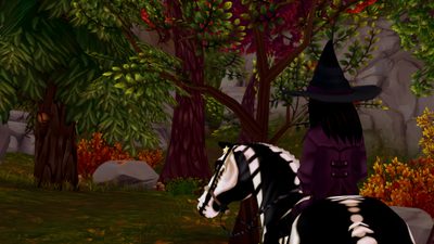 a black and white horse with a witch hat on it's head in the woods Star Stable Halloween 1920x1080 Halloween Horse, Star Stable Backgrounds, Autumn Star Stable Background, black
