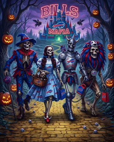 three skeletons dressed in costumes are walking through the woods with pumpkins and jack - o'- lanterns Buffalo Bills Halloween Halloween, dark slate gray