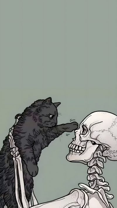 a black cat sitting on top of a human skull next to a skeleton with its paw in it's mouth Kitty Skeleton Halloween Cats Skeleton And Dog, Skeleton Phone Aesthetic, Animal Skeleton, dark gray