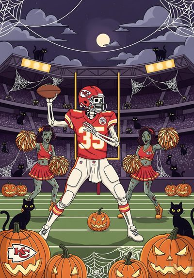 a football player is surrounded by pumpkins on the field Chiefs Halloween Locker Room Poster, Haunted Games, Gameday Party, Zombie Cheerleader, dark olive green
