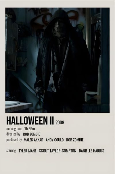 a movie poster for halloween ii with a man in a hoodie standing next to stairs Halloween 2 2009 Halloween 8 Movie, Polaroid Movie Poster Horror, Scary Movie Polaroid, dark slate gray