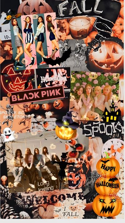 a collage of halloween pictures with pumpkins Halloween Blackpink I Fall, Black Pink, Blackpink Scrapbook, Blackpink Christmas, Collage, Halloween, sienna