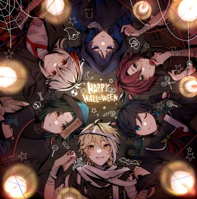 an anime poster with the words happy halloween surrounded by other characters and their names on it Halloween Genshin Venti Birthday Art 2024, Halloween Venti Genshin, Halloween Genshin, dark slate gray