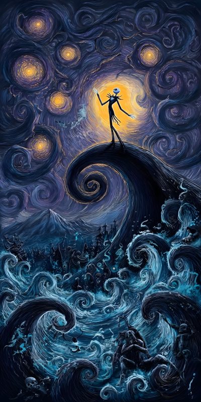 a painting of a man standing on top of a wave in the ocean at night Van Gogh Halloween Iphone Jack Skellington, Blue Man Coraline, Jack Skellington Aesthetic, dark slate gray