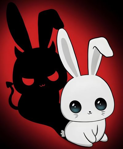 an image of a rabbit and a cat on a black background with red light behind it Halloween Bunny Cute Demon Bunny, Devil Rabbit, Bunny Skull, Evil Bunny, Scary Bunny, Emo Bunny, maroon