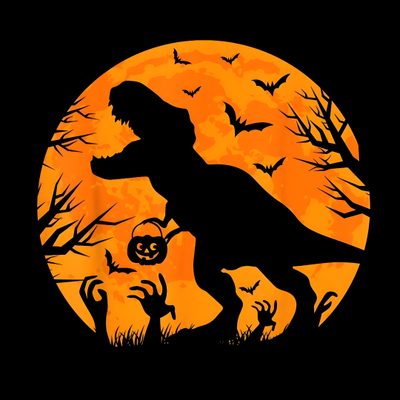 a silhouette of a dinosaur in front of a full moon with bats and pumpkins Halloween Dinosaur Hd Halloween Dinosaur, Cute T Rex, Halloween Shirts Kids, Ghost Costume, black