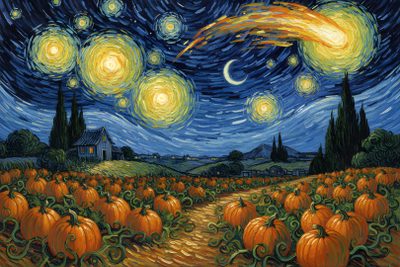 a painting of pumpkins in a field with the night sky and stars above them Van Gogh Starry Night Halloween Minimalist Halloween, Sugar Skull Design, Spooky Designs, dark slate gray