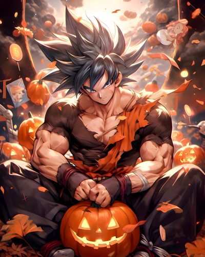 an anime character sitting on top of a pumpkin Halloween Goku Ghost Goku, Goku Pumpkin, Goku Black Halloween, Goku Vampire, Dragon Ball Halloween Pfp, sienna