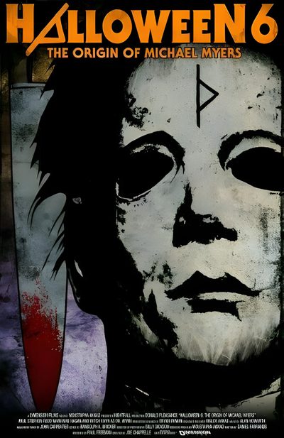 halloween 6 the origin of michael myerss poster with an evil face and knife on it Halloween 6 Halloween 6 The Curse Of Michael Myers, Michael Myers Movie Poster, Rob Zombie's Michael Myers, dark slate gray